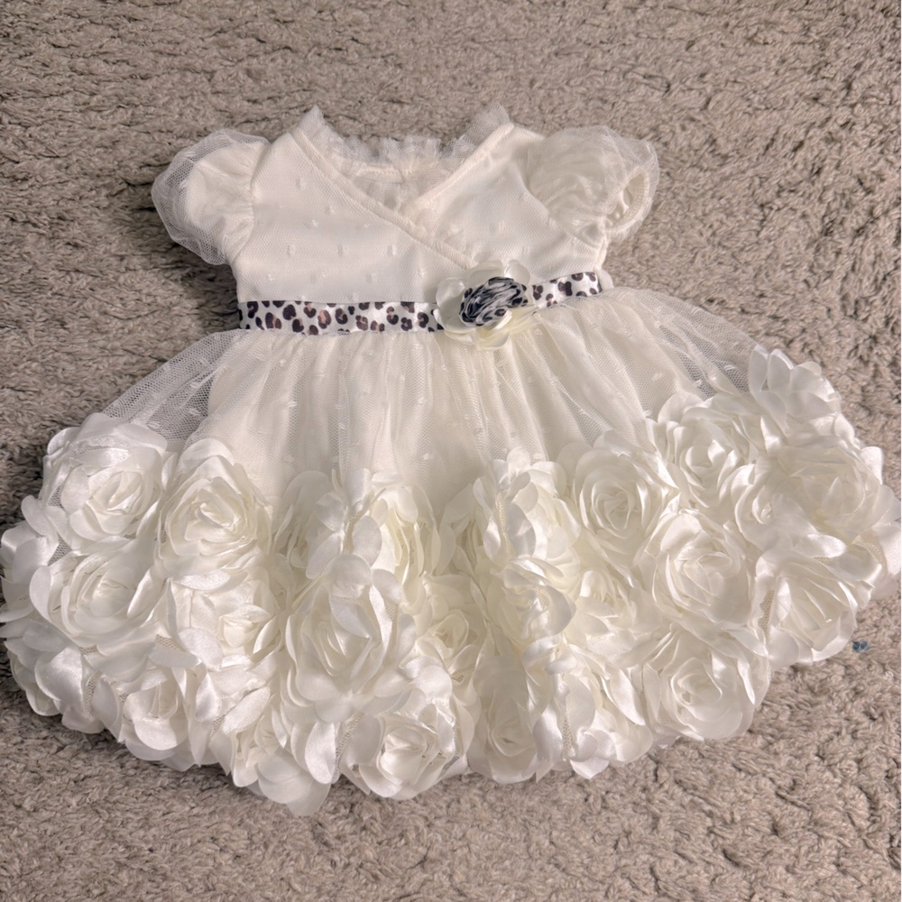 Nanette Baby Elegant White Floral Girl Dress with Cheetah Belt - size 3-6 months